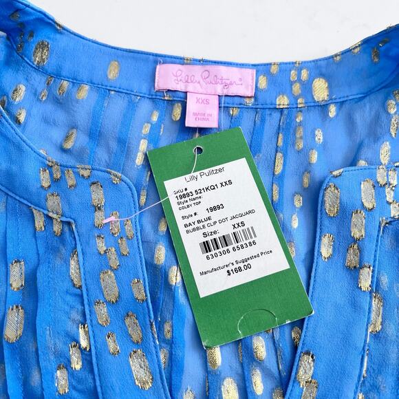Lilly Pulitzer Silk Metallic Colby Top Ariel Blue Gold XXS. NWT - Picture 3 of 8